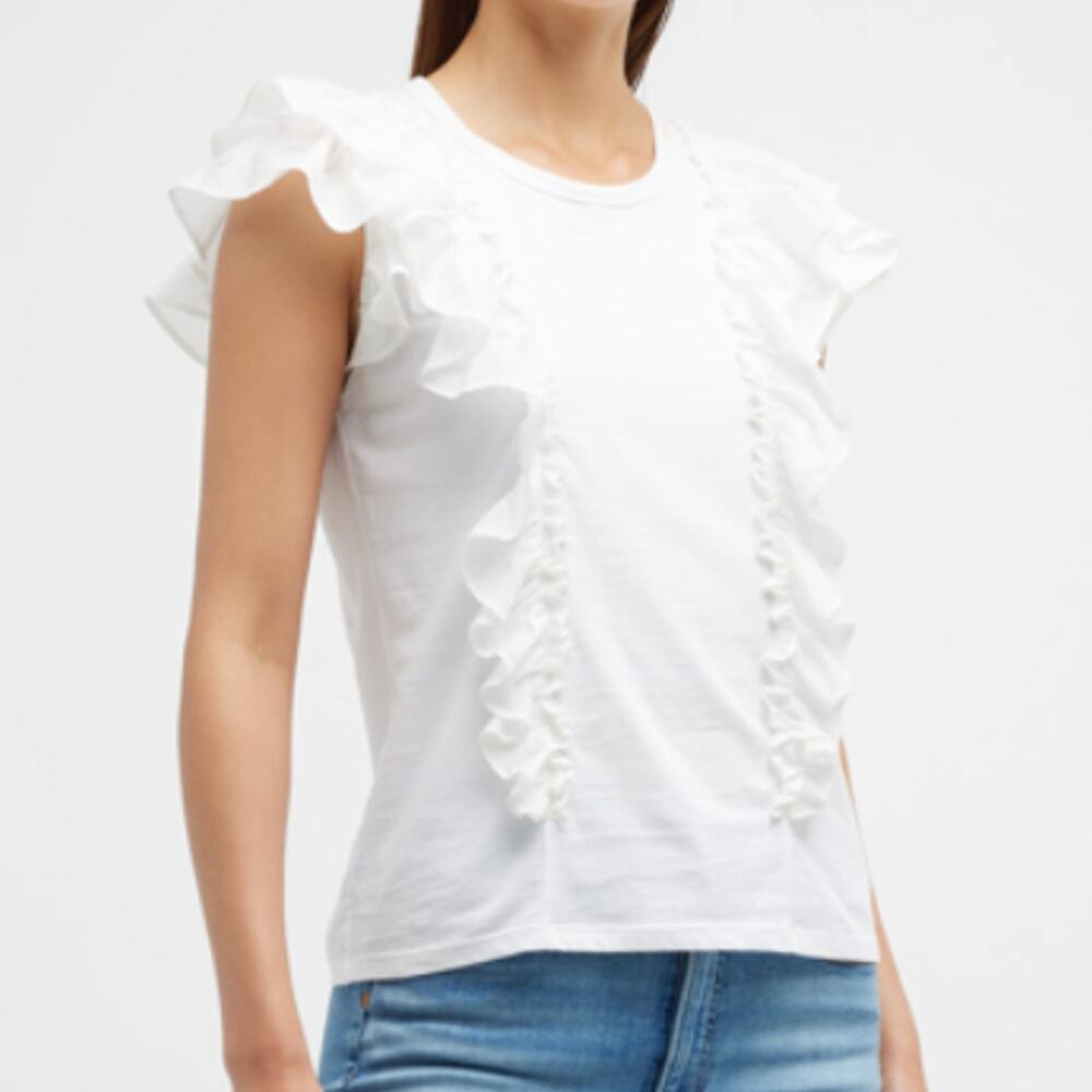 Veronica Beard Jeans Bardot White Ruffle Tee Womens XL Cotton Short Sleeve
